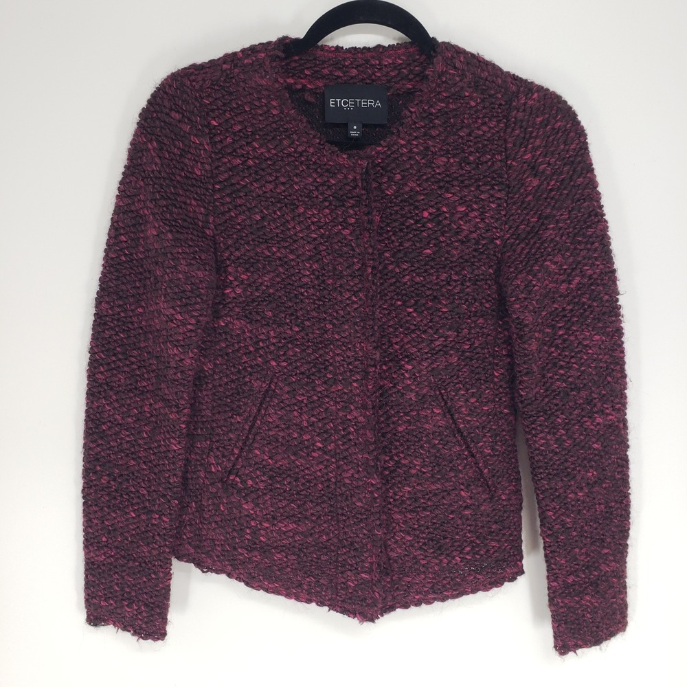 Etcetera Textured Boucle Knit Blazer Jacket Women Size 8 Burgundy Black Wool